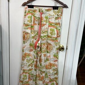 Cynthia Rowley Cream Tropical-Print Wide Leg Pants with Coral & Lime Motifs